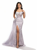 Sovae | Fliederfarbenes Trägerloses Kleid mit Hohem Schlitz