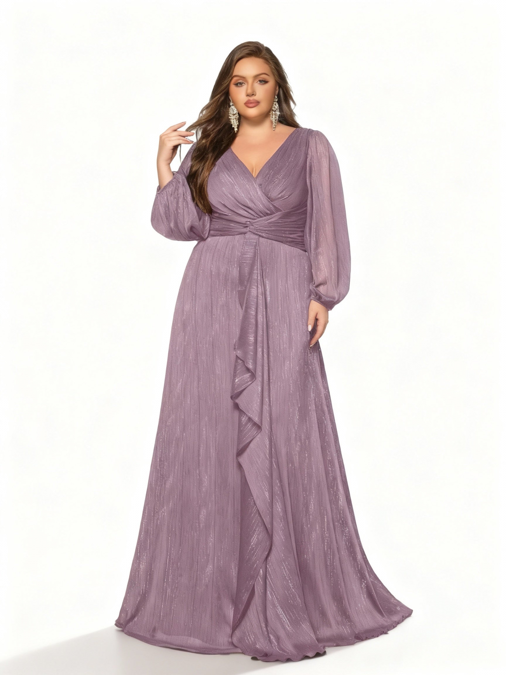 Sovae | Einfarbiges Langes Kleid mit Rüschen und Laternenärmeln