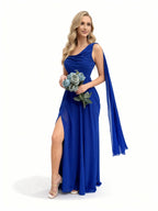 Sovae | Romantisches Brautjungfernkleid in Blau mit Volants und hohem Schlitz