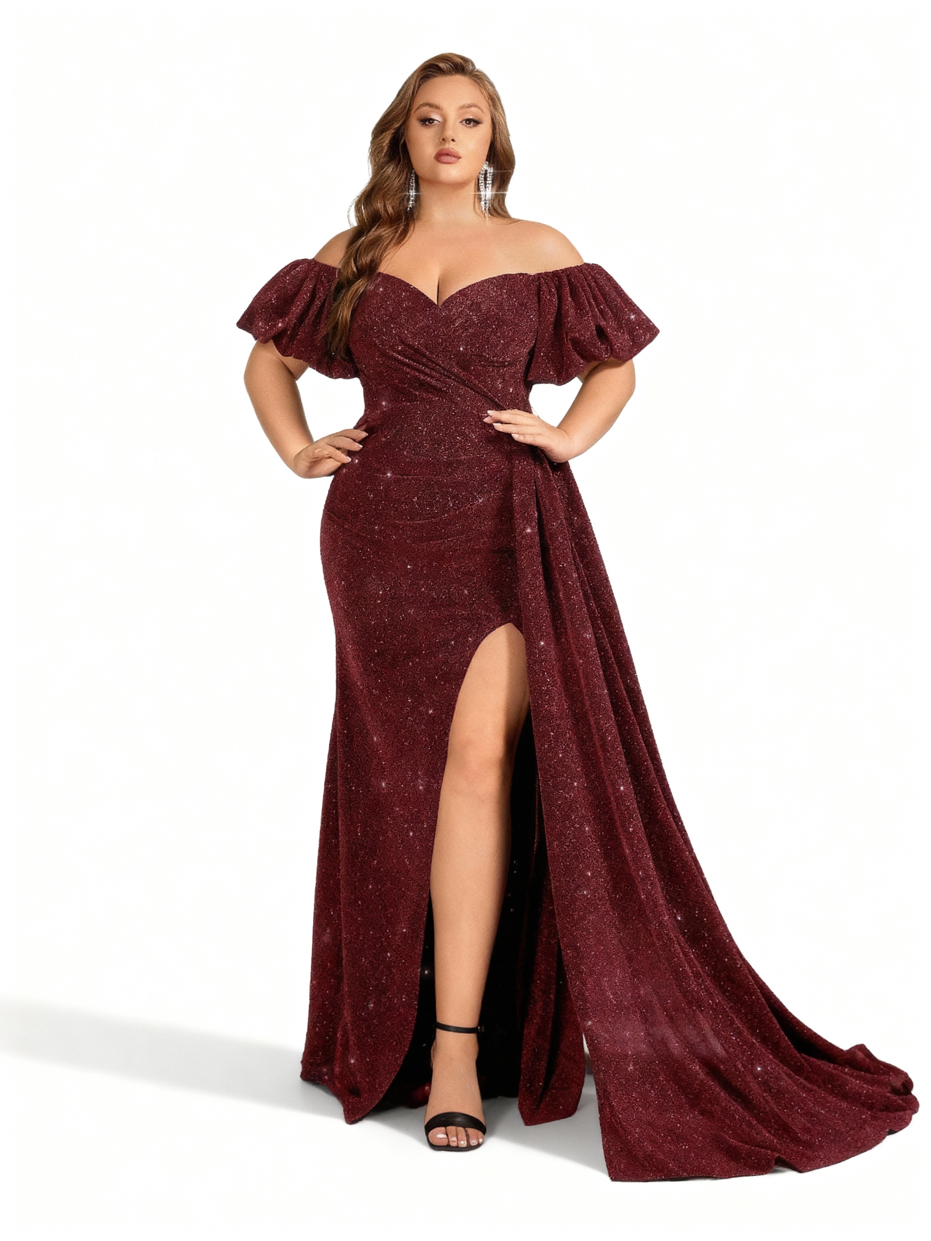 Sovae | Schulterfreies Langkleid mit Schlitz in Großen Größen