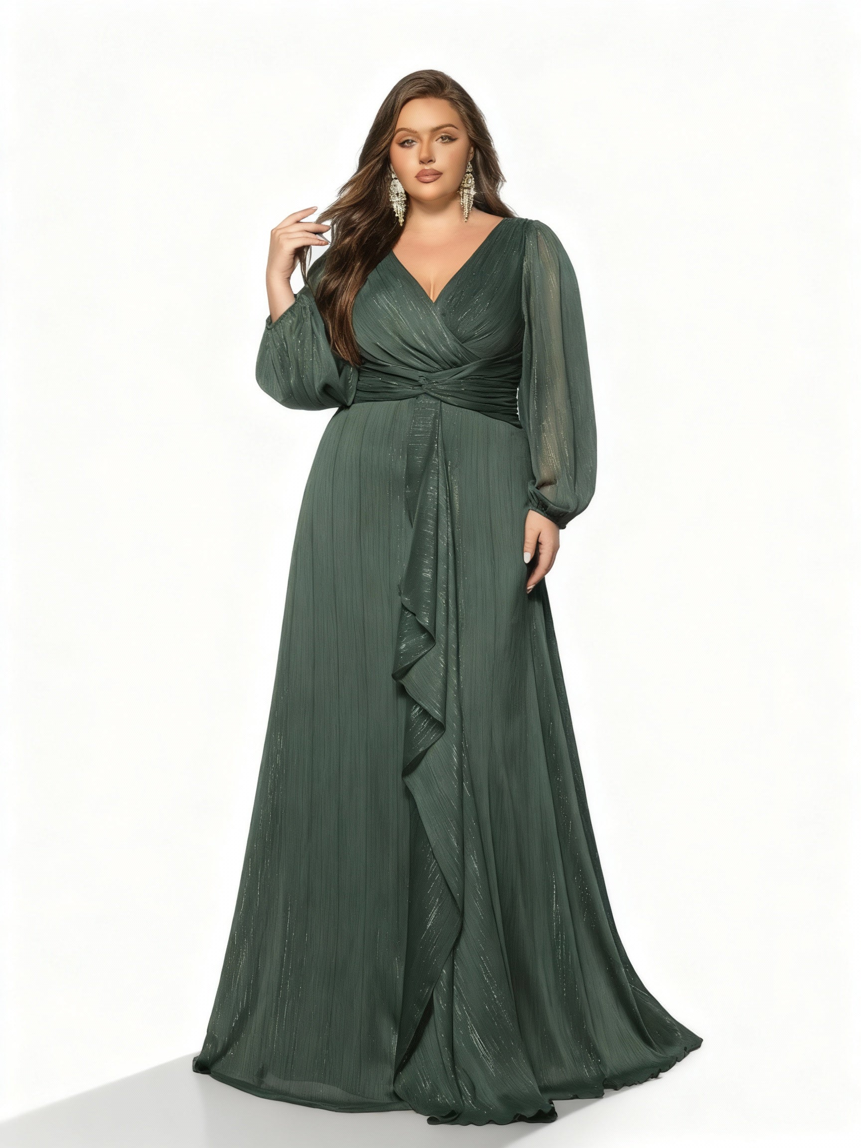 Sovae | Einfarbiges Abendkleid mit Laternenärmeln und Rüschen in Übergröße