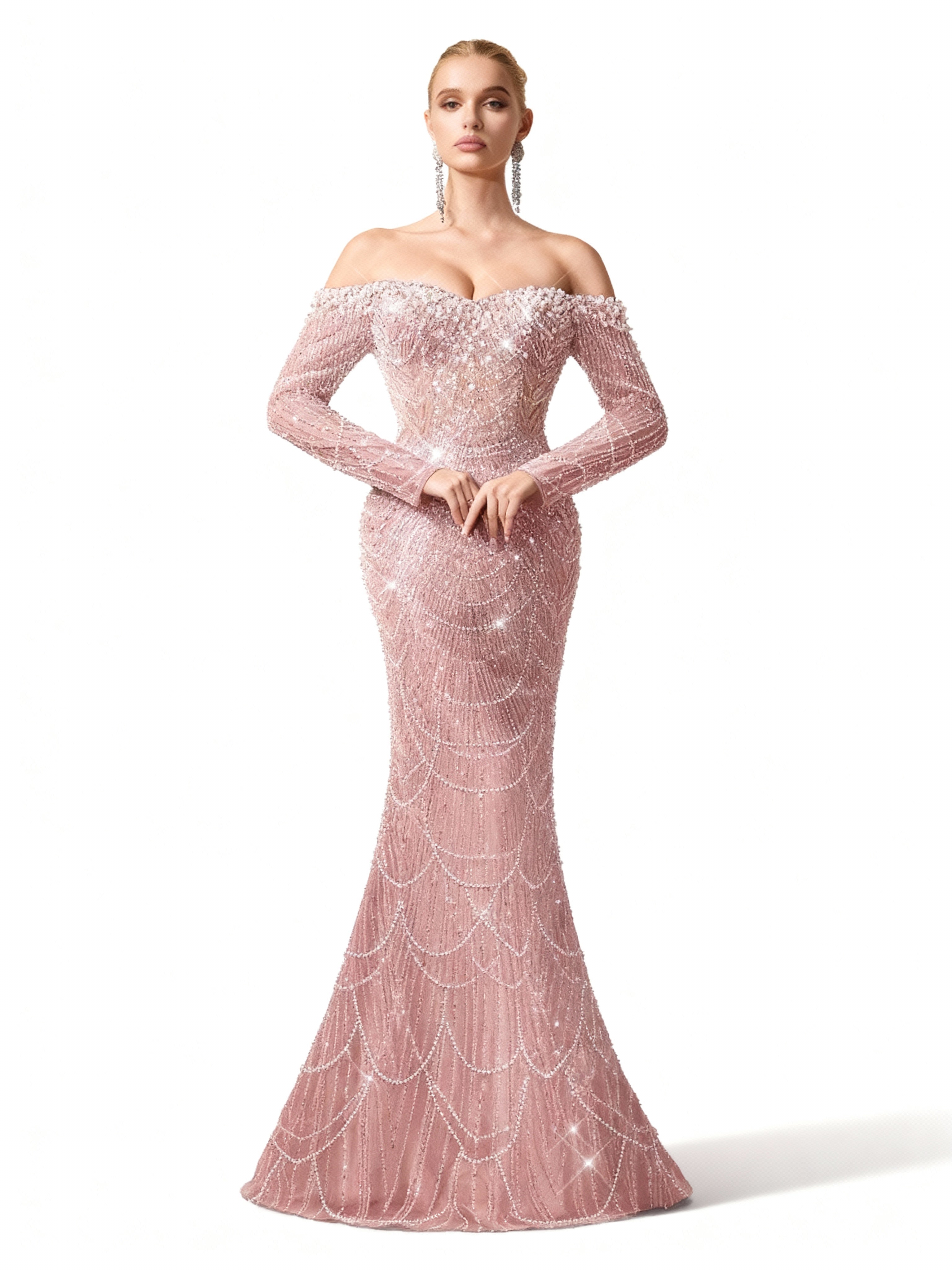 Sovae | Göttliches Abendkleid in Himmelblau mit Pailletten, schulterfreiem Schnitt und Meerjungfrauen-Design