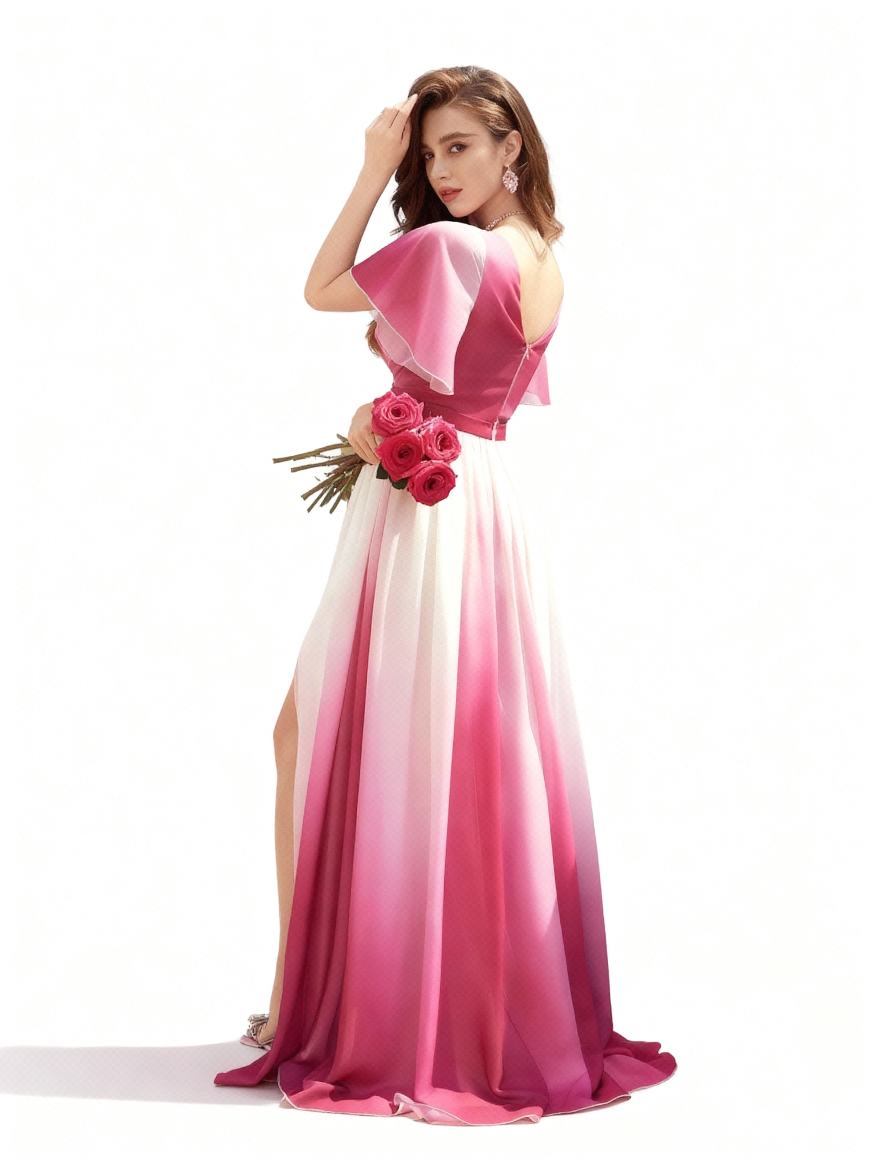 Sovae | Romantisches Abendkleid mit Farbverlauf, Wickeldesign und hohem Schlitz