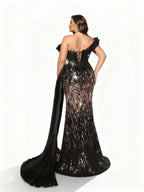 Sovae | Schwarzes Luxus-Abendkleid mit Pailletten in Übergröße