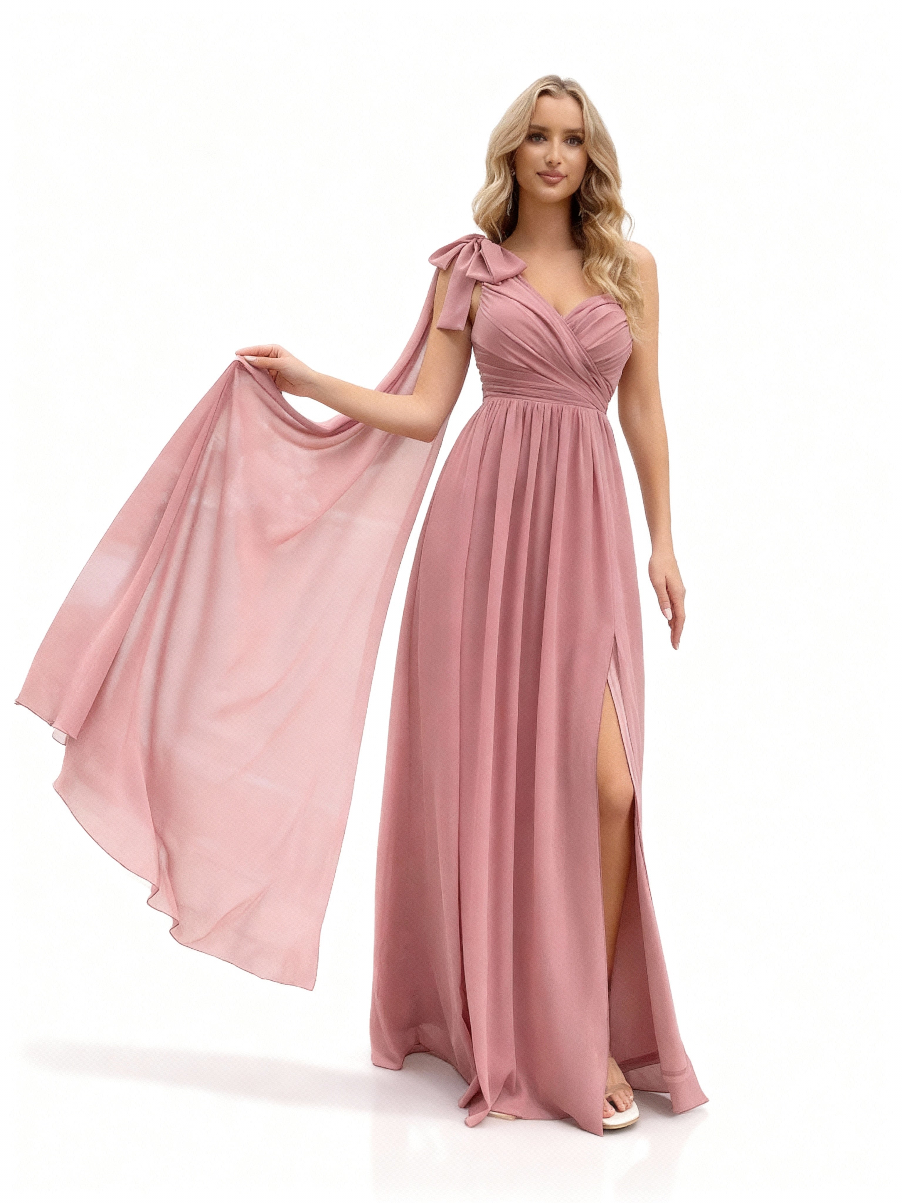 Sovae | Romantisches rosa Brautjungfernkleid mit Schleife, einer Schulter und hohem Schlitz