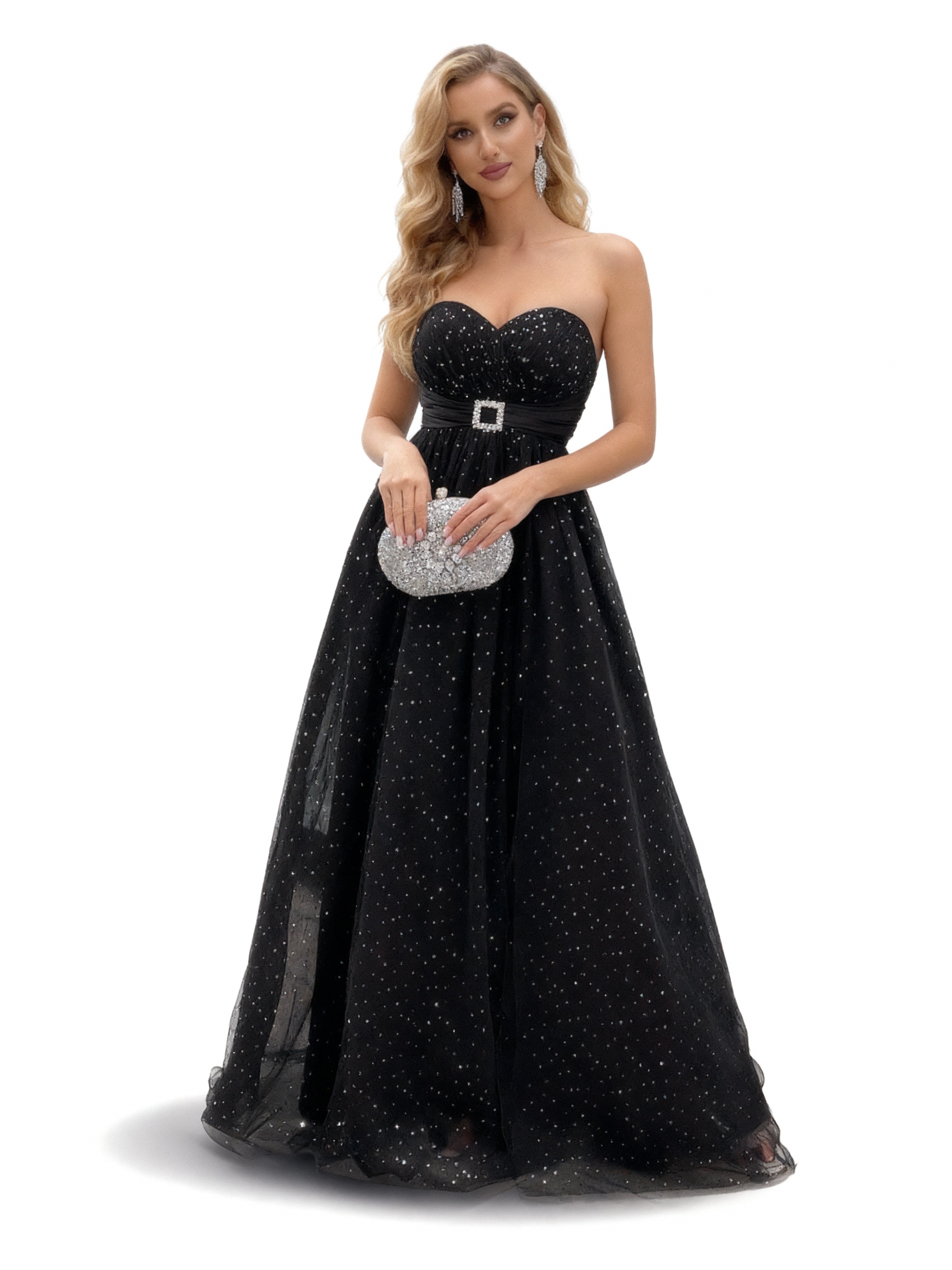 Sovae | Prinzessinnenkleid in Schwarz mit Pailletten, trägerlos und hohem Schlitz