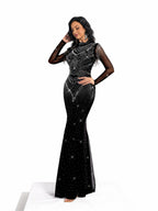 Sovae | Edles Abendkleid in Schwarz mit Strassbesatz, langen Ärmeln und Meerjungfrauen-Saum