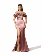 Sovae | Edles Abendkleid mit Falten und Blumenverzierung in elegantem Stil