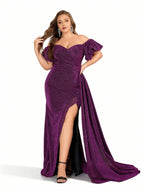 Sovae | Schulterfreies Langkleid mit Schlitz in Großen Größen