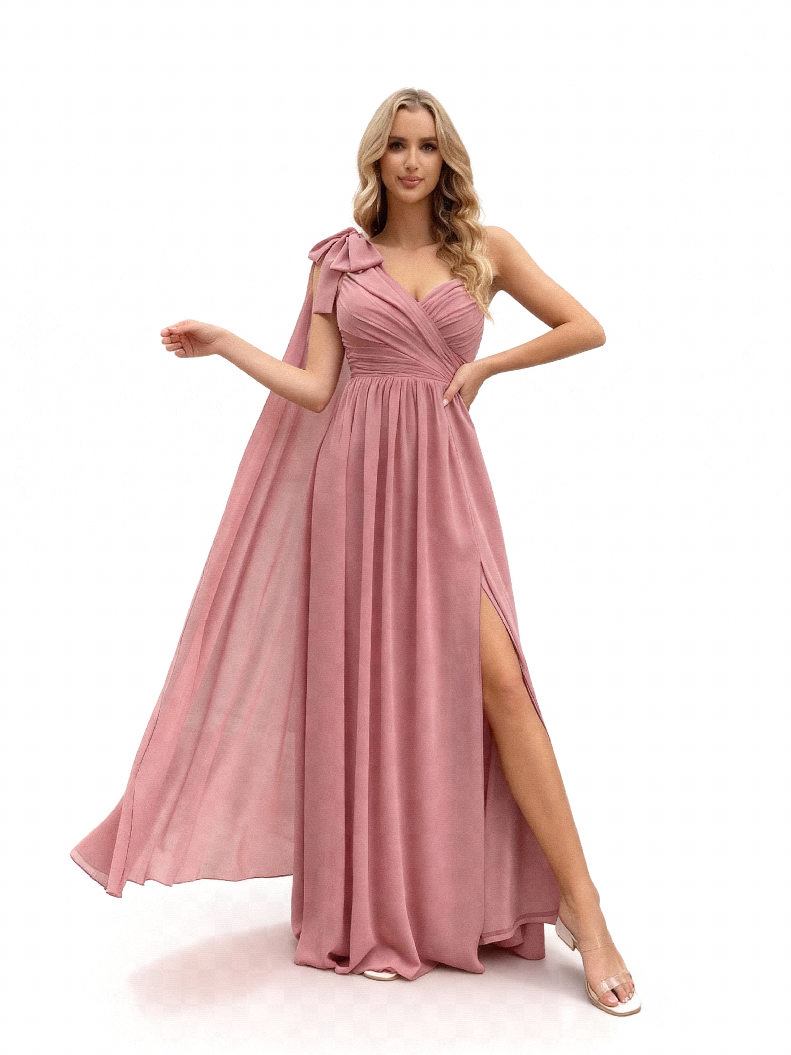 Sovae | Romantisches rosa Brautjungfernkleid mit Schleife, einer Schulter und hohem Schlitz