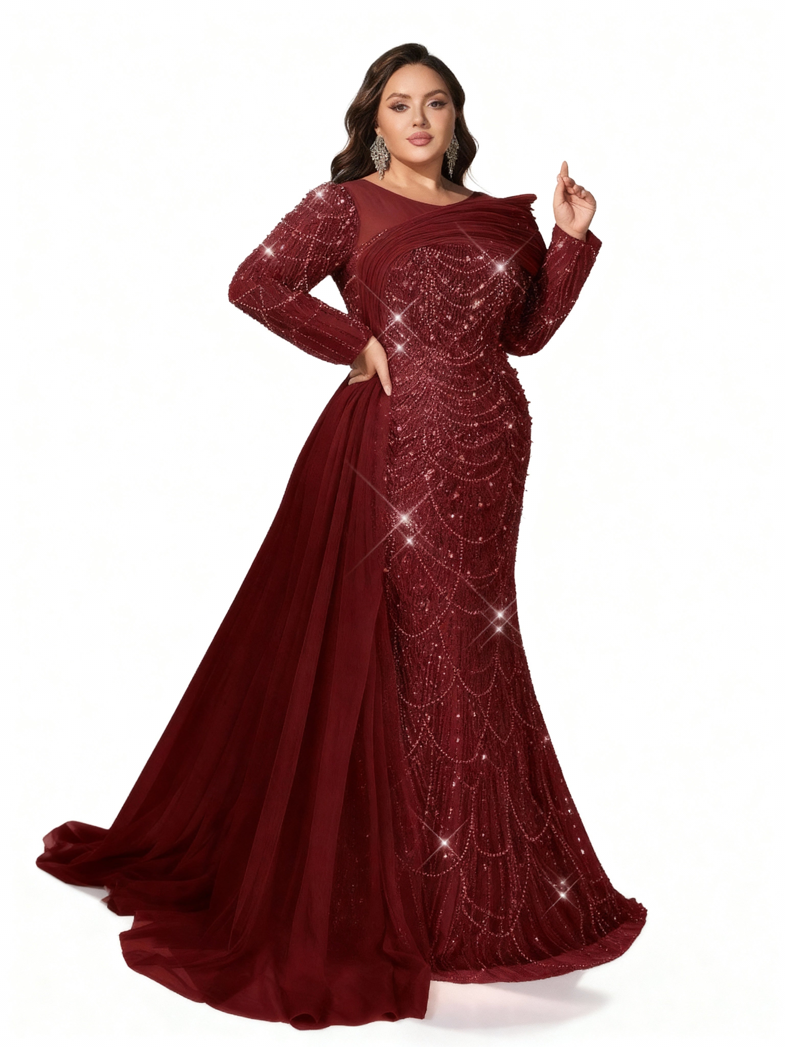 Sovae | Glamouröses Abendkleid in Champagner mit Pailletten, langen Ärmeln und Meerjungfrauen-Saum in Übergröße