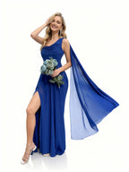 Sovae | Romantisches Brautjungfernkleid in Blau mit Volants und hohem Schlitz