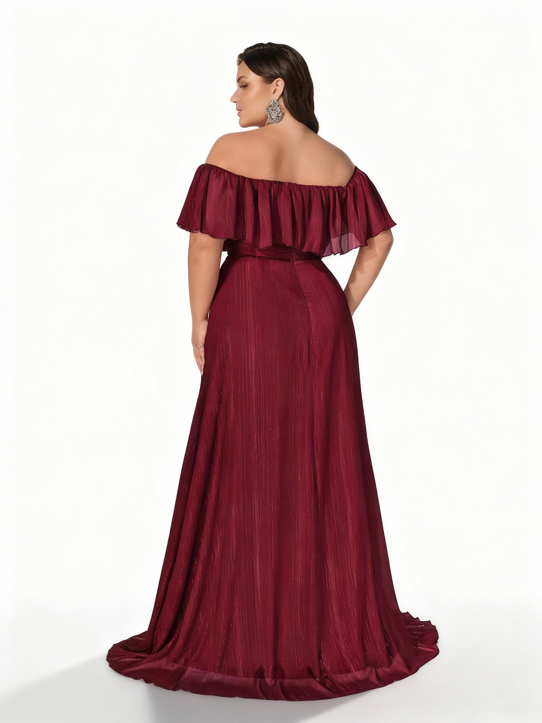 Sovae | Burgunderfarbenes Schulterfreies Abendkleid mit weitem Saum in Übergröße