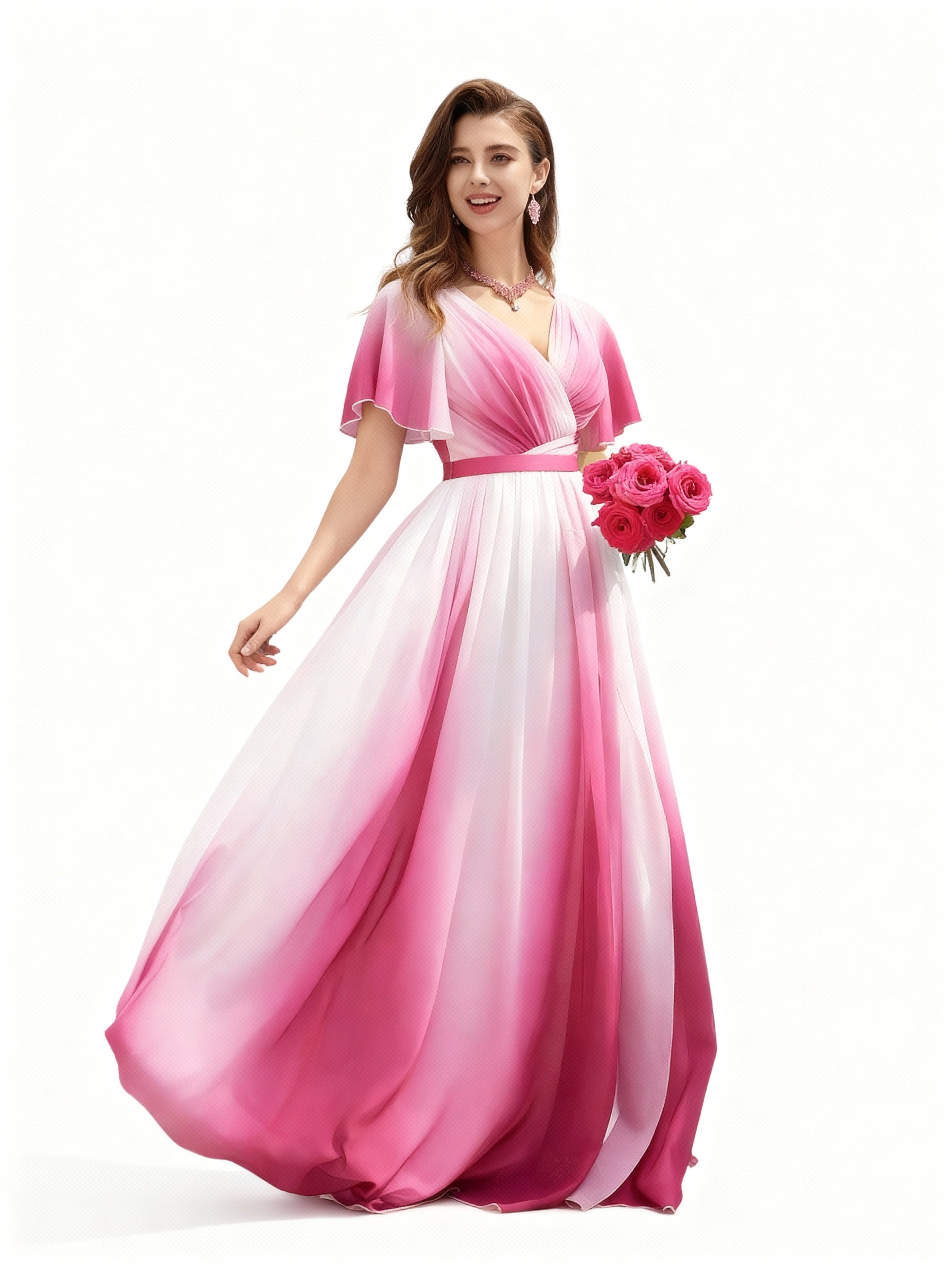 Sovae | Romantisches Abendkleid mit Farbverlauf, Wickeldesign und hohem Schlitz