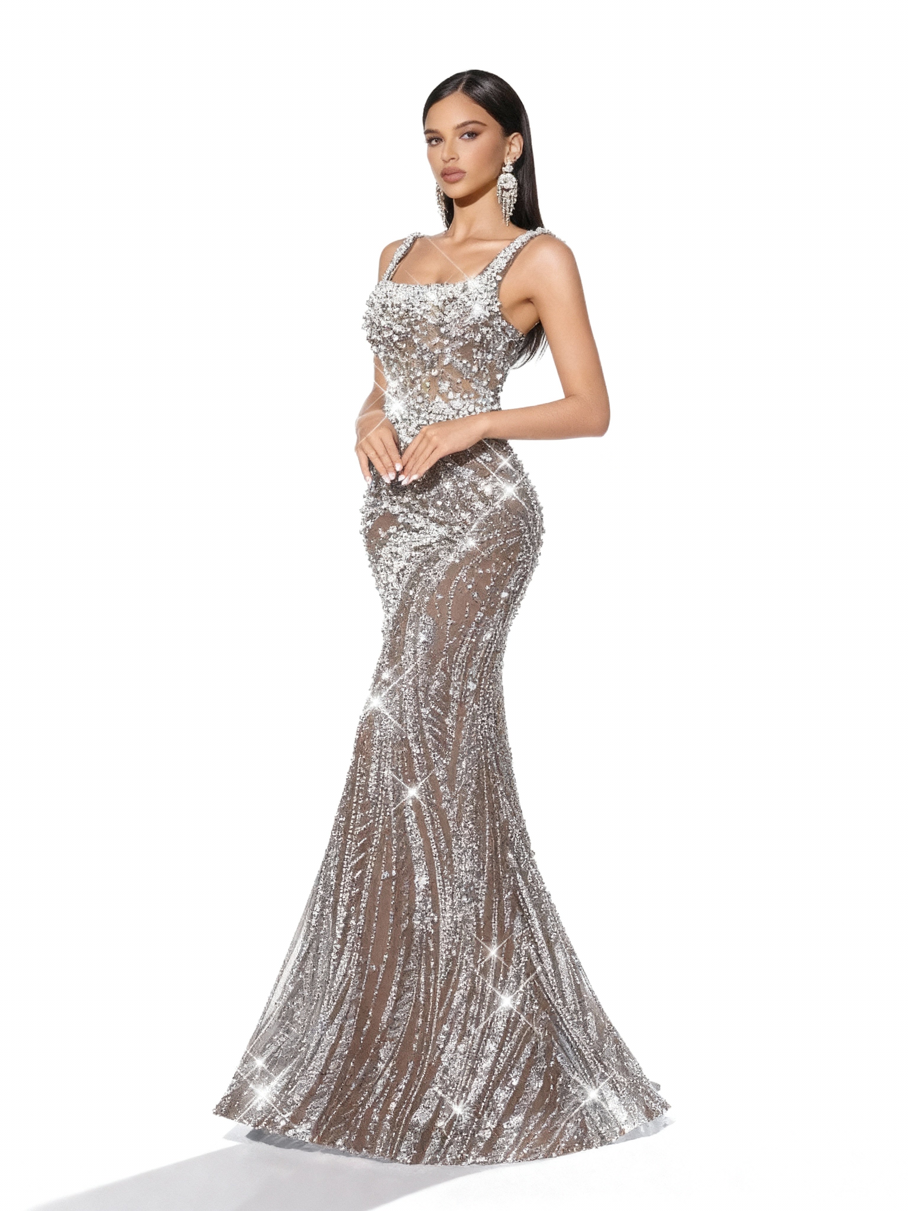 Sovae | Glänzendes Abendkleid mit Pailletten und Perlen, rückenfrei und ärmellos im Meerjungfrauenschnitt