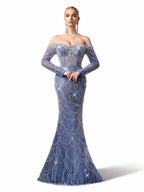 Sovae | Göttliches Abendkleid in Himmelblau mit Pailletten, schulterfreiem Schnitt und Meerjungfrauen-Design