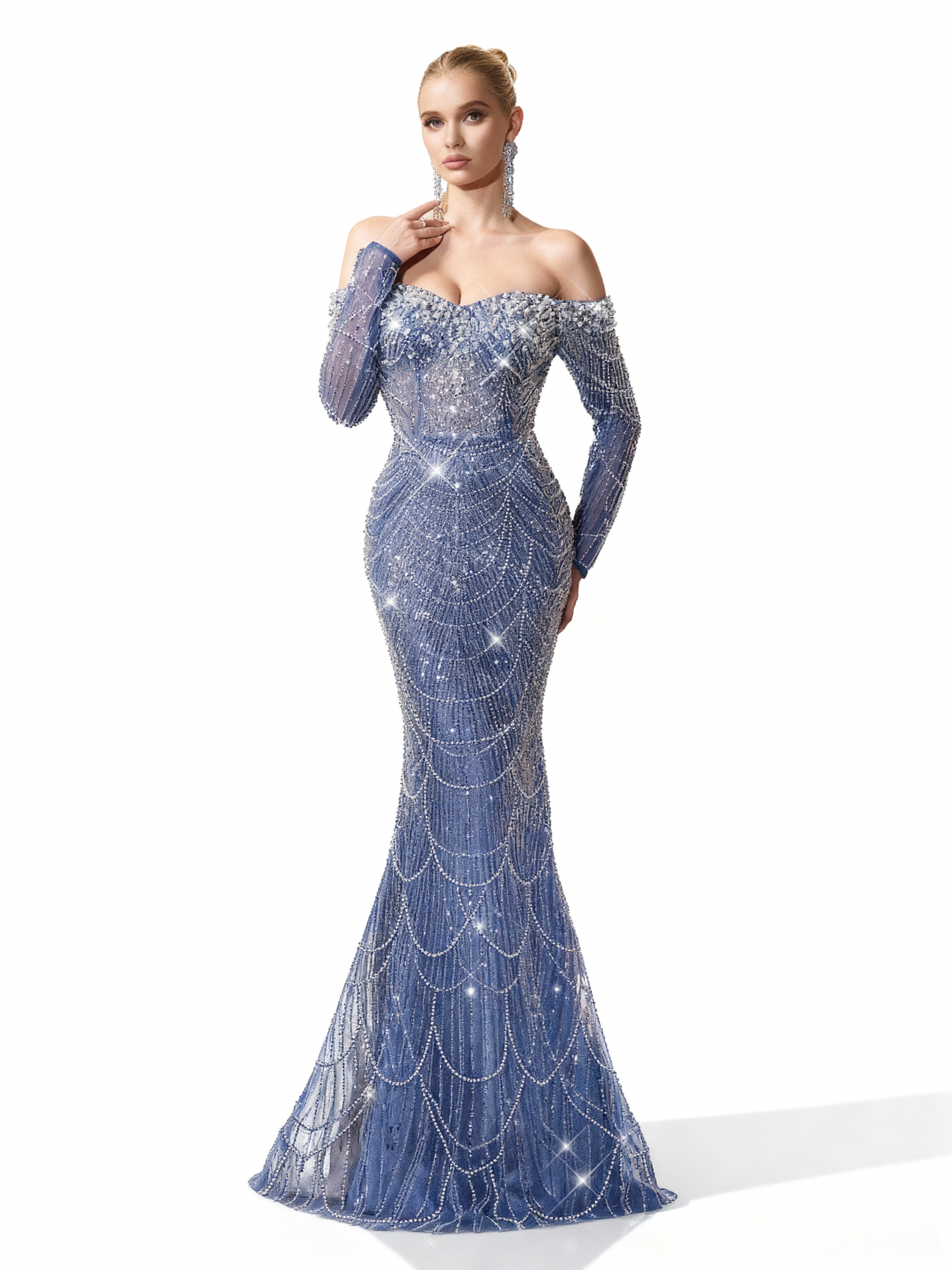 Sovae | Göttliches Abendkleid in Himmelblau mit Pailletten, schulterfreiem Schnitt und Meerjungfrauen-Design