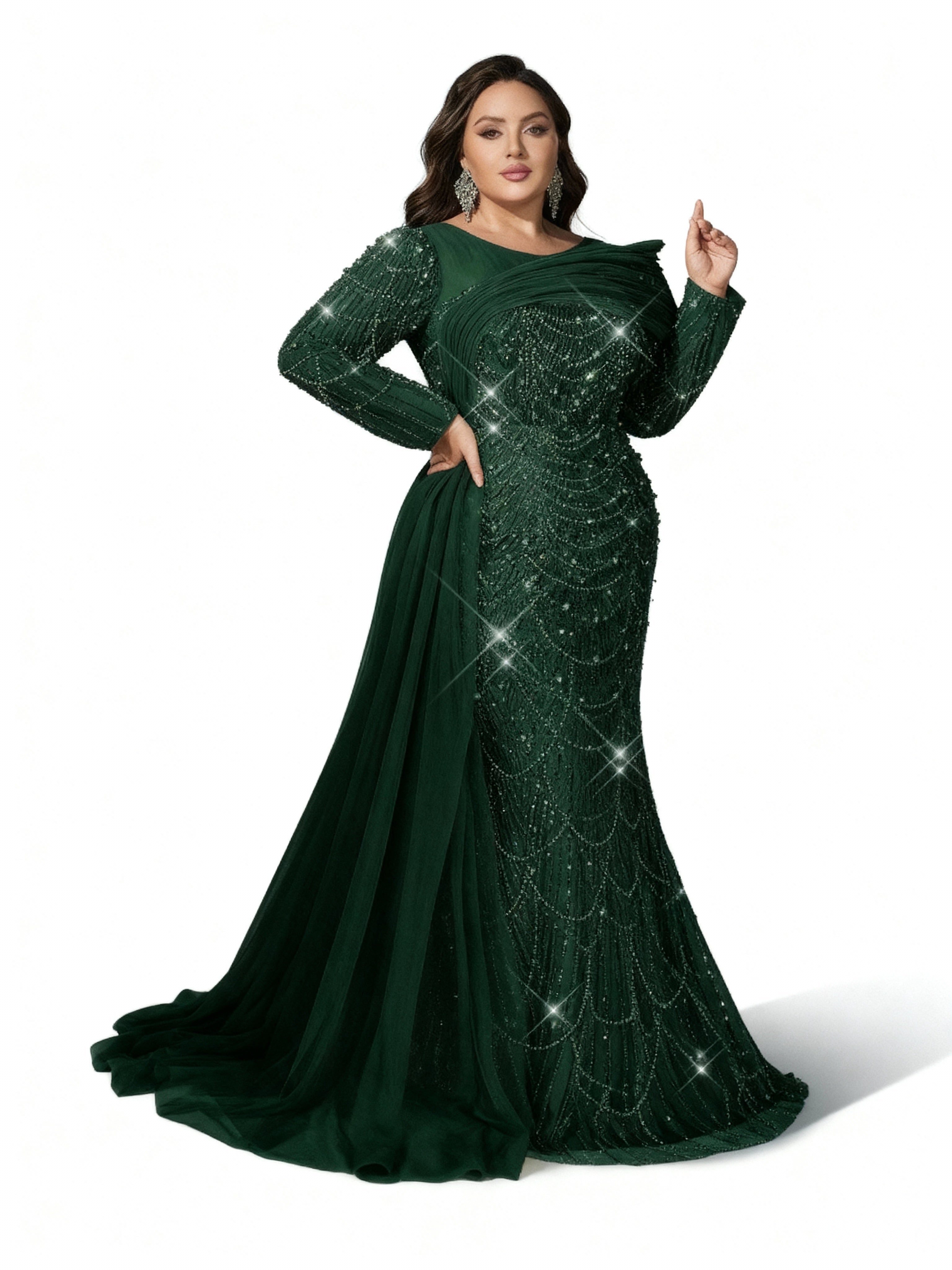 Sovae | Glamouröses Abendkleid in Champagner mit Pailletten, langen Ärmeln und Meerjungfrauen-Saum in Übergröße