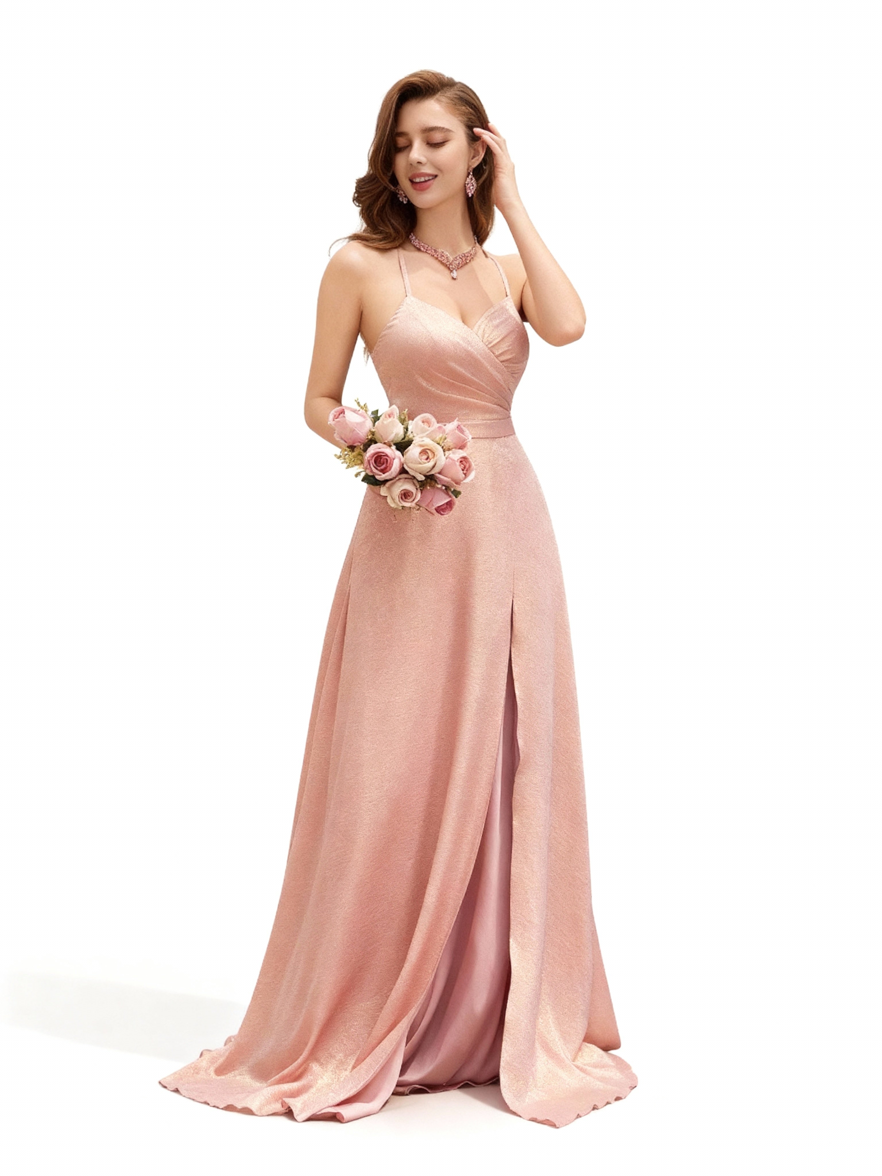 Sovae | Elegantes Brautjungfernkleid mit Spaghettiträgern, offenem Rücken und Beinschlitz