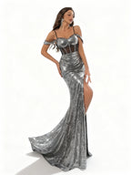 Sovae | Glamouröses Metallic-Paillettenkleid ohne Träger mit Hohem Schlitz