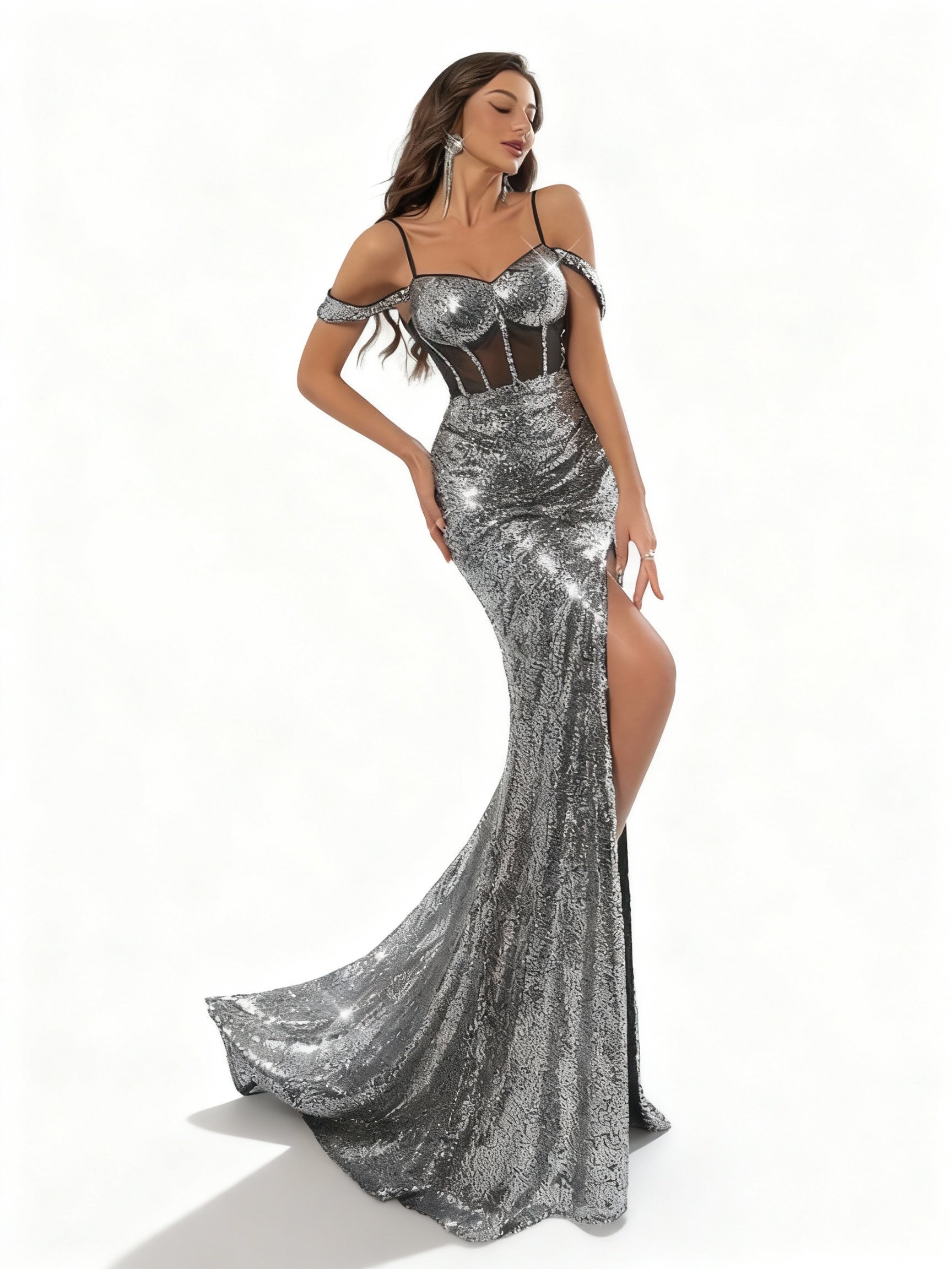 Sovae | Glamouröses Metallic-Paillettenkleid ohne Träger mit Hohem Schlitz