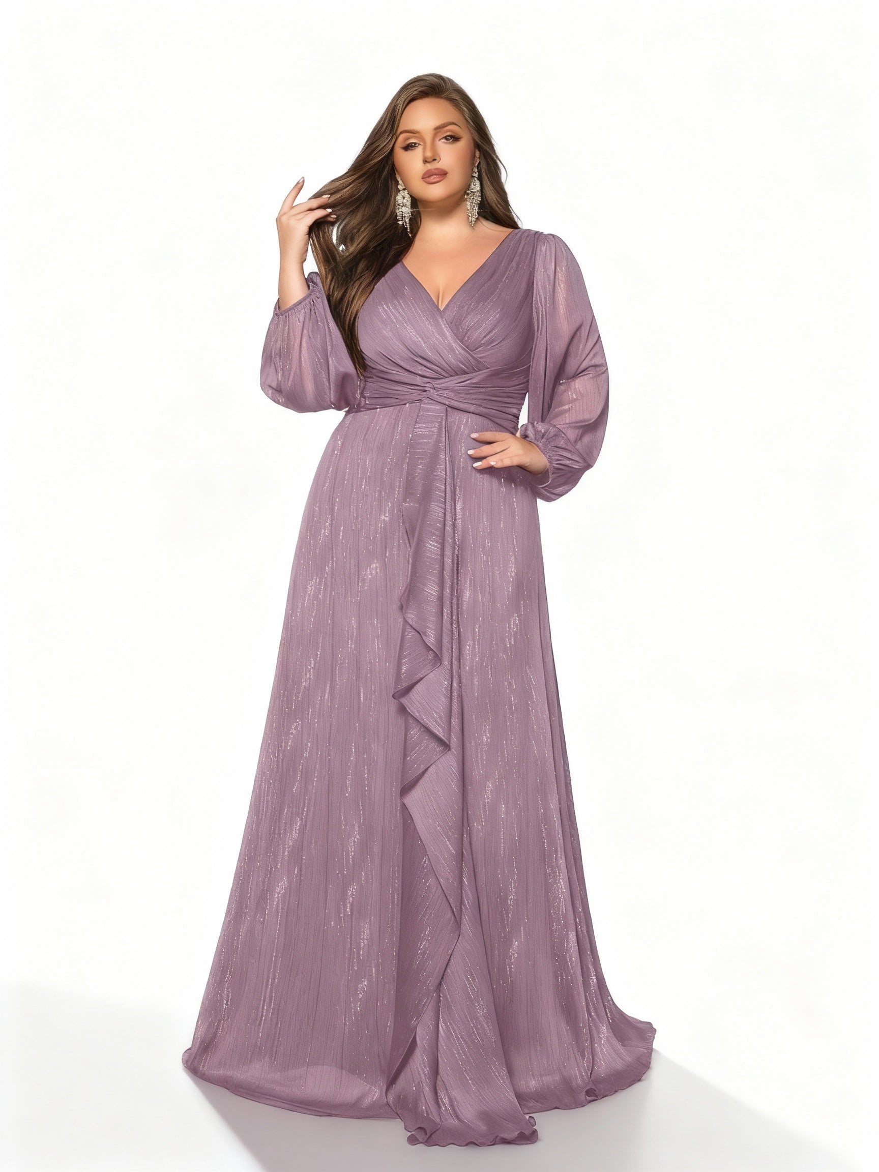 Sovae | Einfarbiges Langes Kleid mit Rüschen und Laternenärmeln