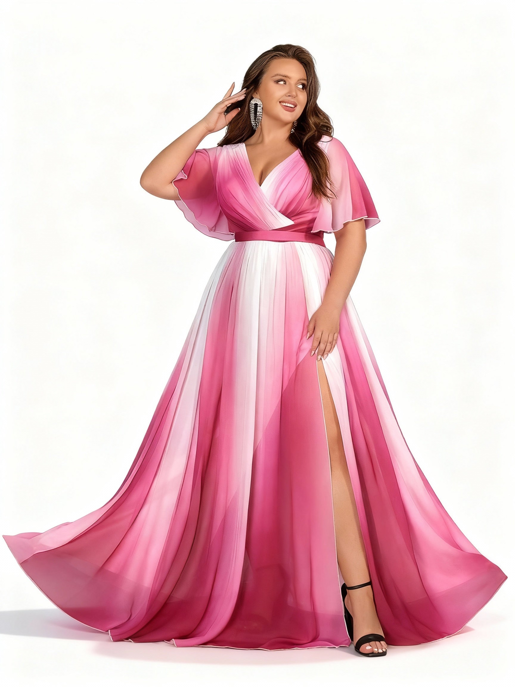 Sovae | Elegantes Chiffonkleid in Übergröße mit Farbverlauf, V-Ausschnitt und Schlitz