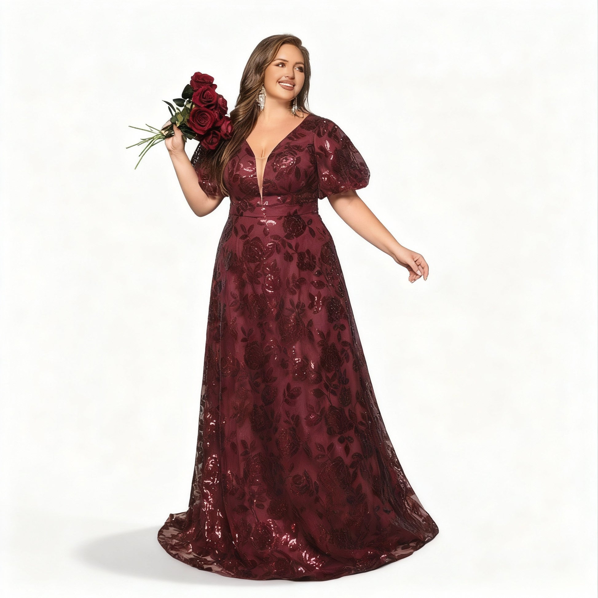 Sovae | Elegantes Burgunderfarbenes Abendkleid mit Perlen und Puffärmeln in Übergröße