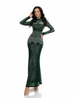 Sovae | Elegantes Abendkleid mit Strass, langen Ärmeln und Meerjungfrauen-Saum