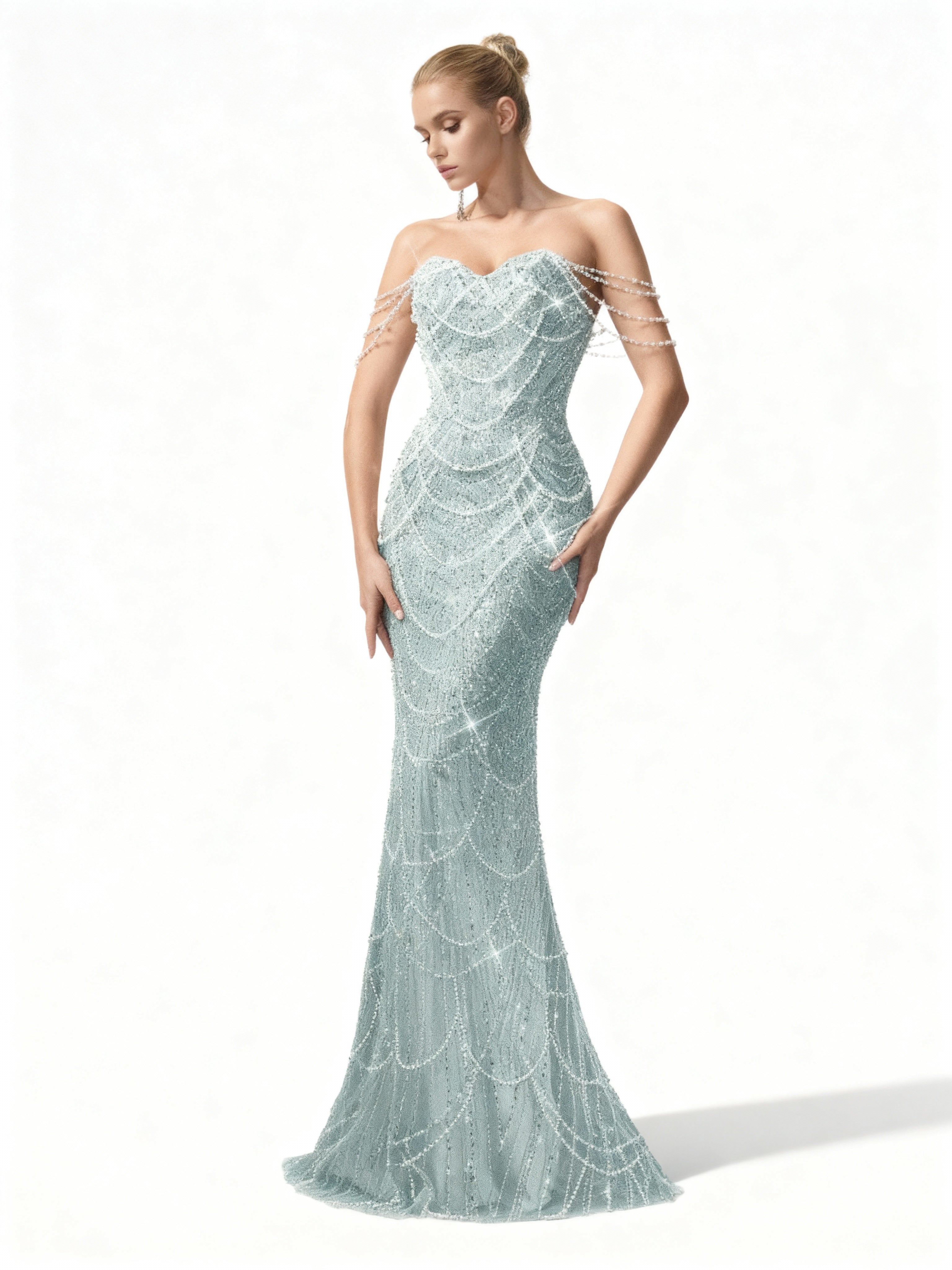 Sovae | Perlenverziertes Kleid mit Einer Schulter in Bodenlänge