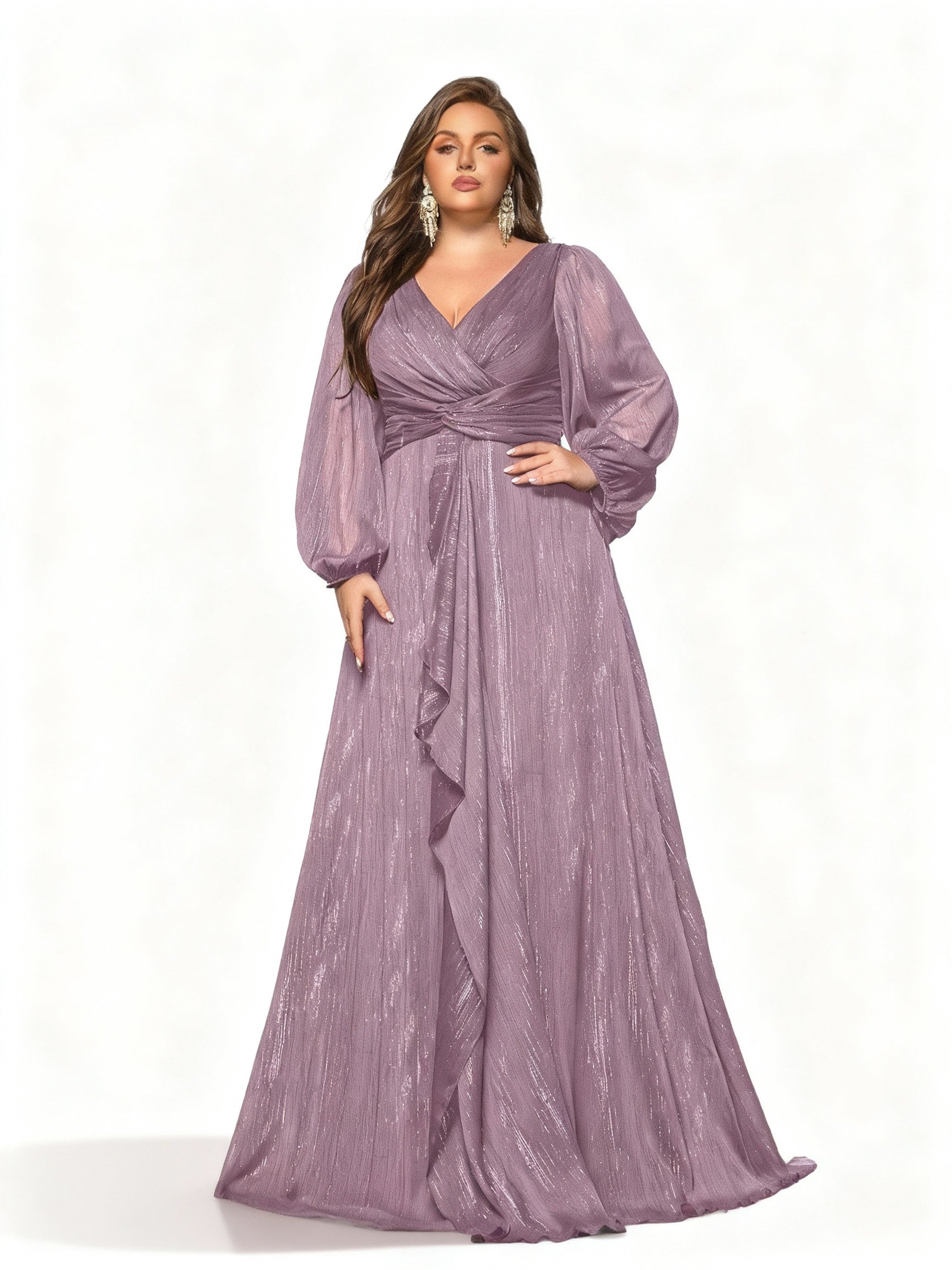 Sovae | Einfarbiges Langes Kleid mit Rüschen und Laternenärmeln