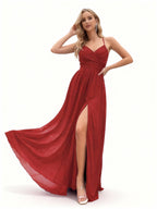 Sovae | Faltenkleid mit Hohem Schlitz für Brautjungfern