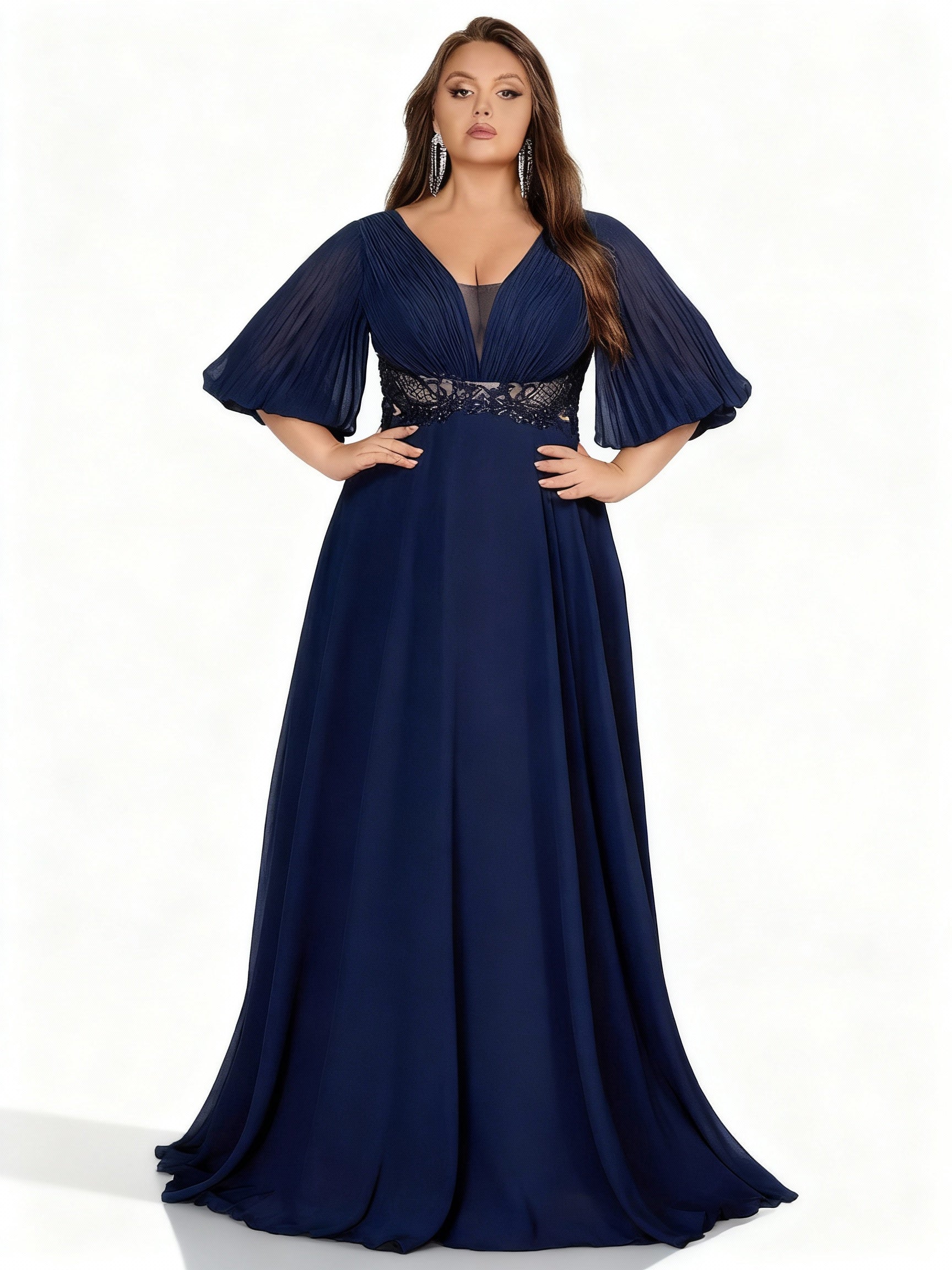 Sovae | Schickes Marineblaues Chiffon Abendkleid mit V-Ausschnitt in Übergröße