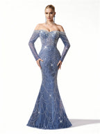 Sovae | Göttliches Abendkleid in Himmelblau mit Pailletten, schulterfreiem Schnitt und Meerjungfrauen-Design