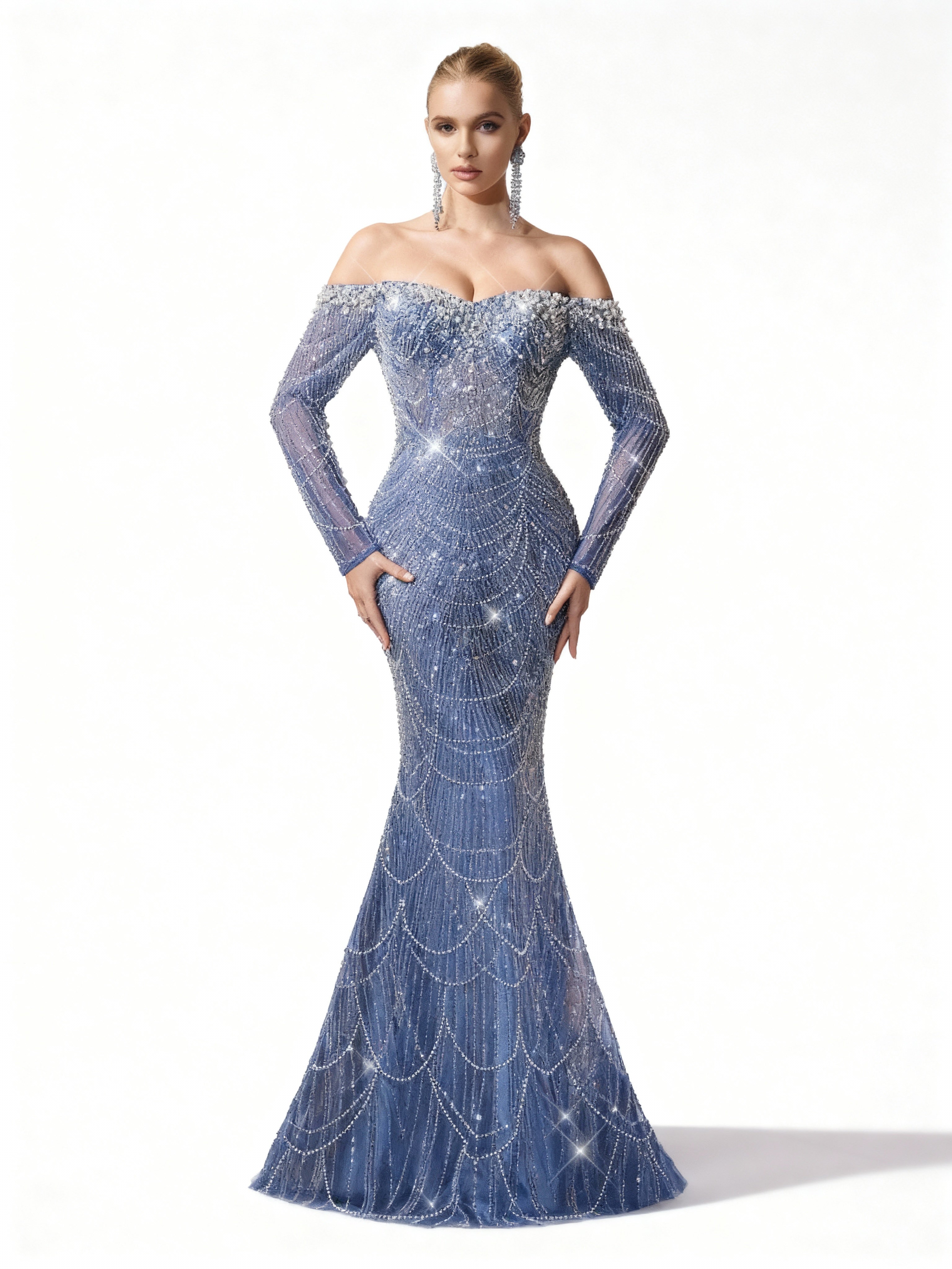 Sovae | Göttliches Abendkleid in Himmelblau mit Pailletten, schulterfreiem Schnitt und Meerjungfrauen-Design