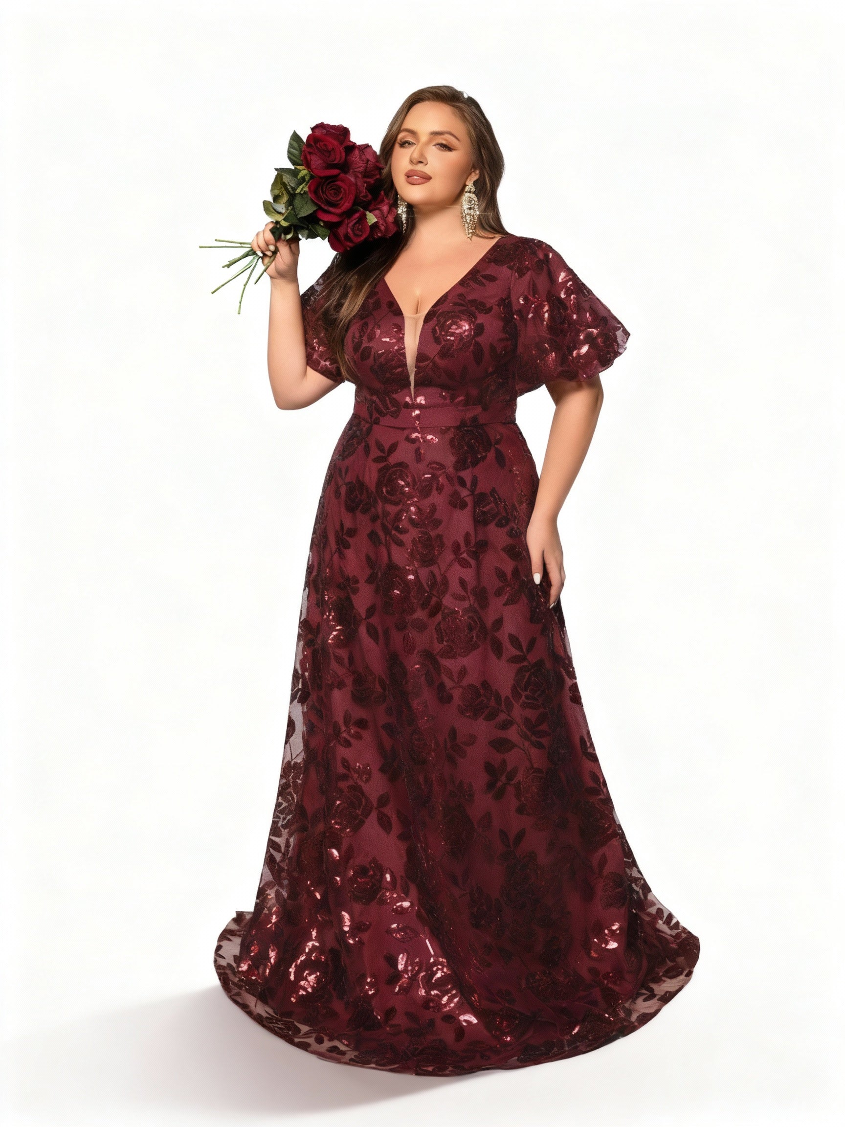 Sovae | Elegantes Burgunderfarbenes Abendkleid mit Perlen und Puffärmeln in Übergröße