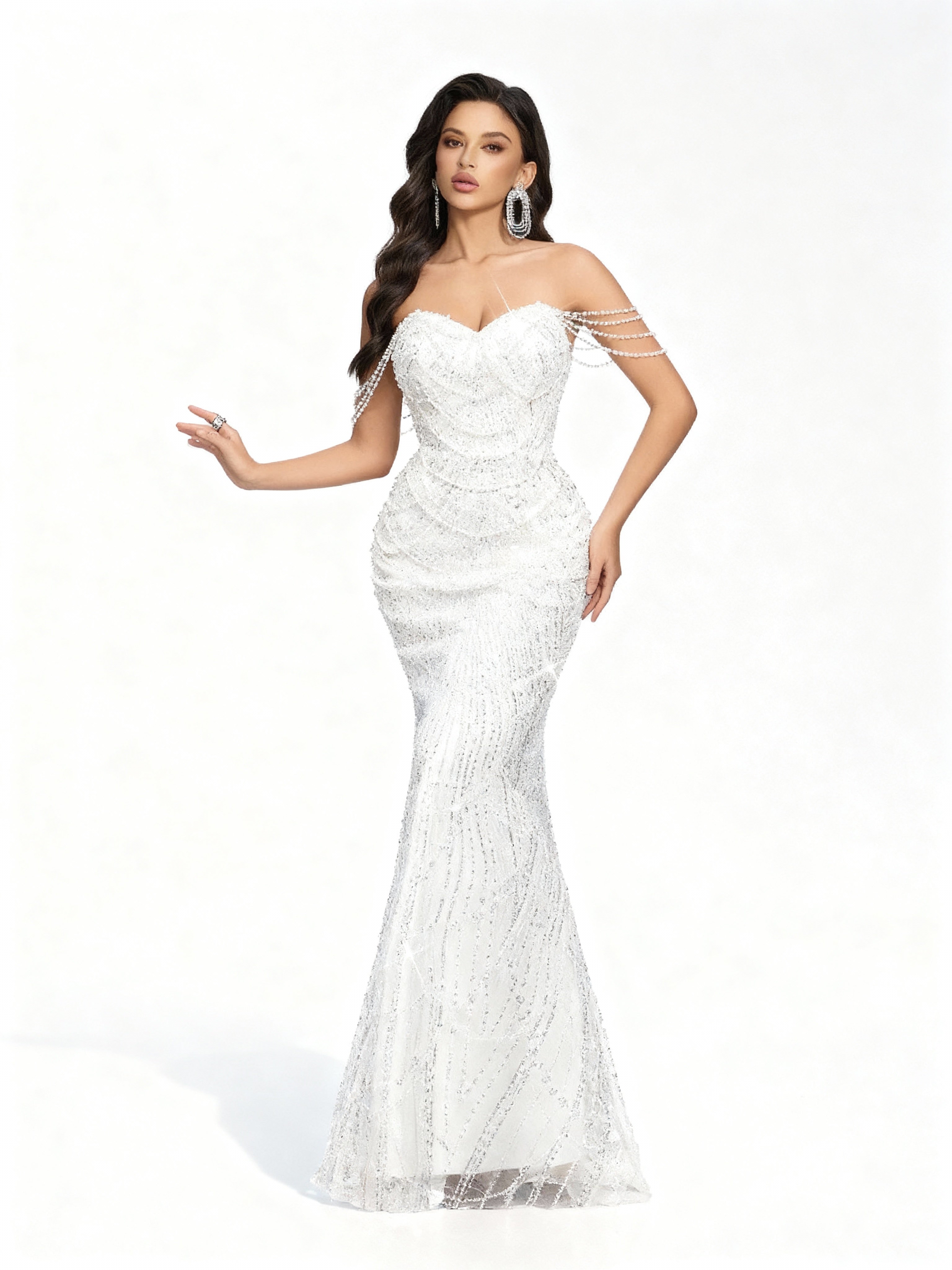 Sovae | Perlenverziertes Kleid mit Einer Schulter in Bodenlänge