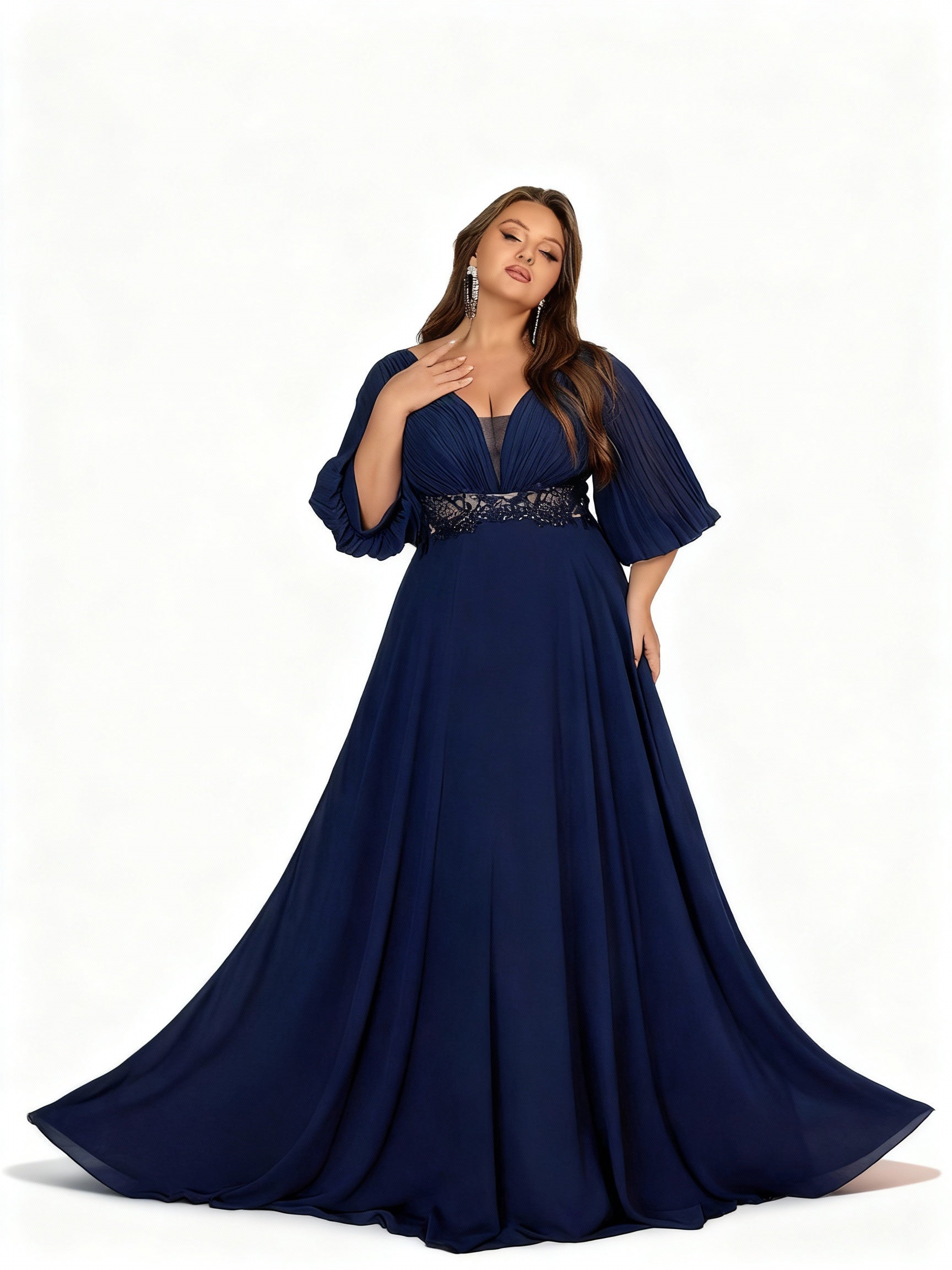 Sovae | Schickes Marineblaues Chiffon Abendkleid mit V-Ausschnitt in Übergröße