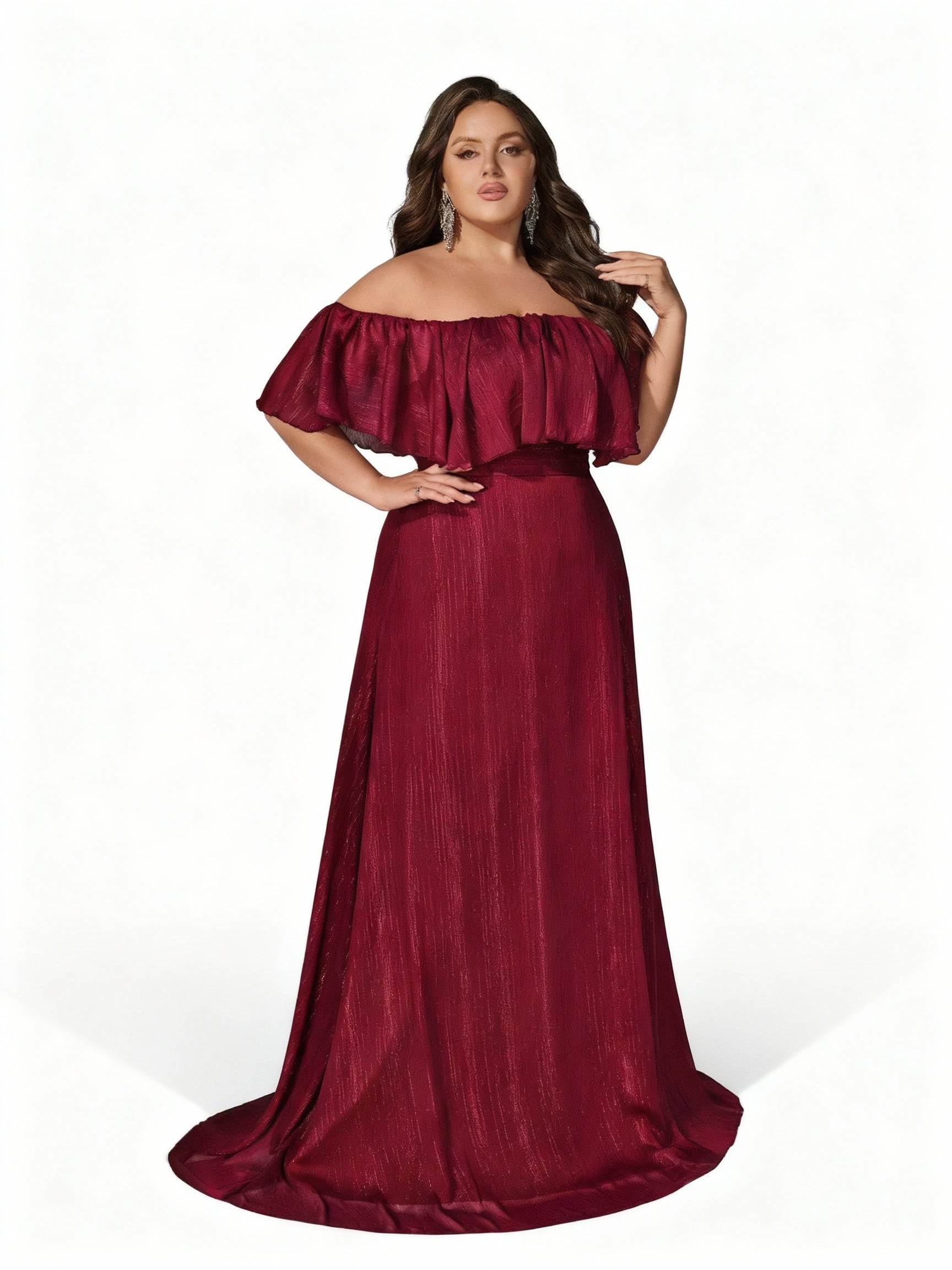 Sovae | Burgunderfarbenes Schulterfreies Abendkleid mit weitem Saum in Übergröße