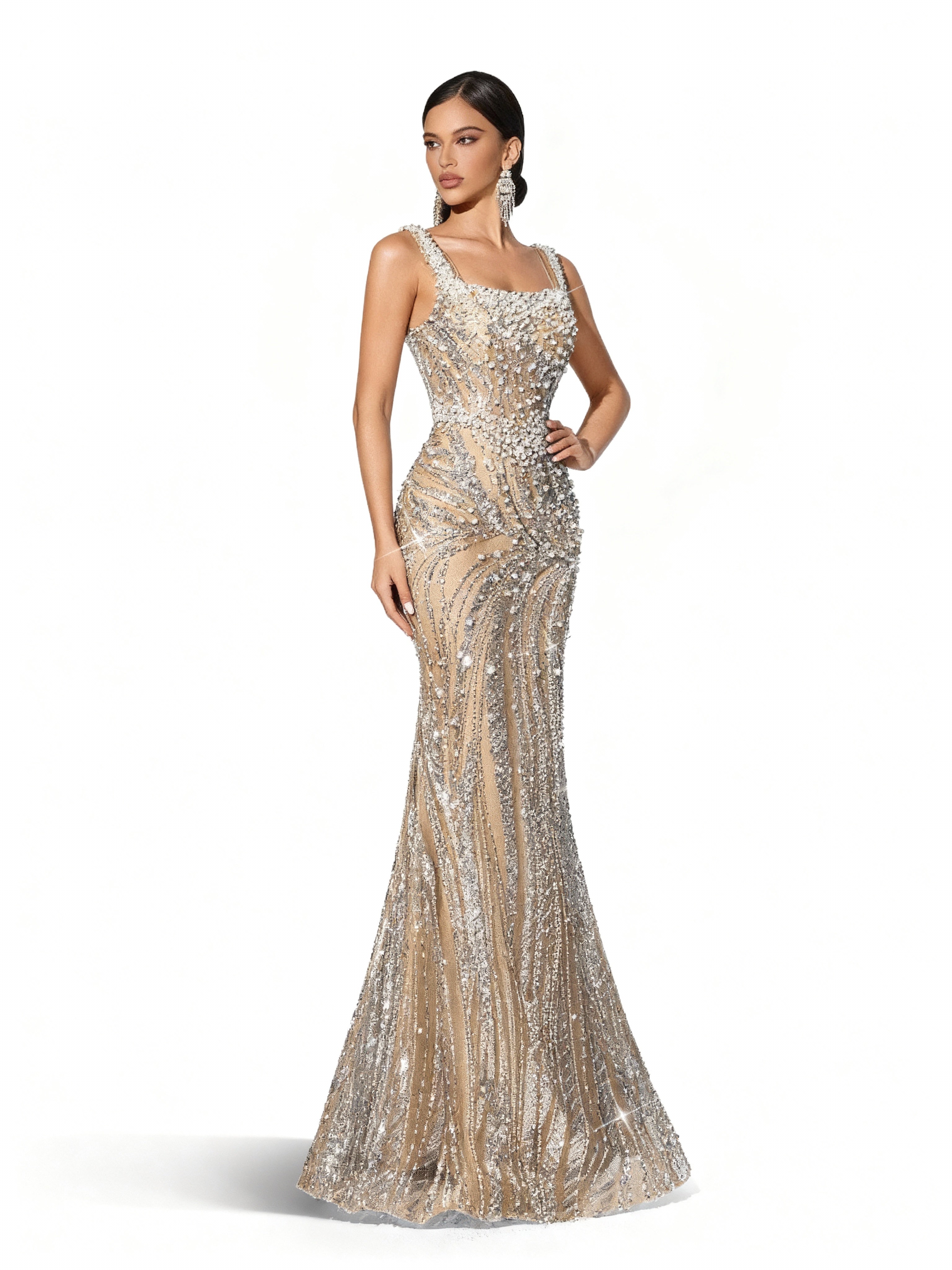 Sovae | Glänzendes Abendkleid mit Pailletten und Perlen, rückenfrei und ärmellos im Meerjungfrauenschnitt