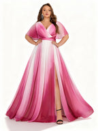 Sovae | Elegantes Chiffonkleid in Übergröße mit Farbverlauf, V-Ausschnitt und Schlitz