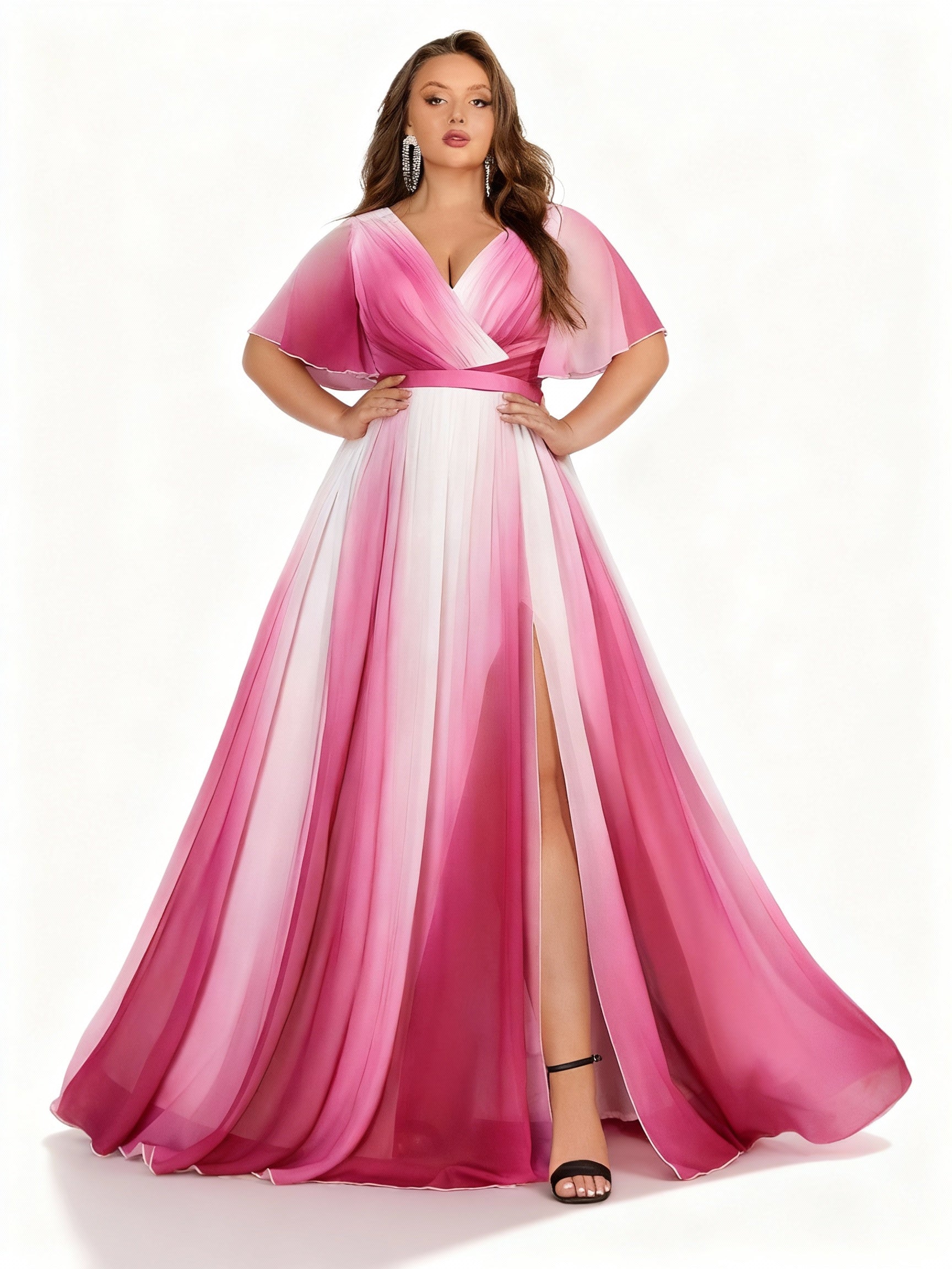 Sovae | Elegantes Chiffonkleid in Übergröße mit Farbverlauf, V-Ausschnitt und Schlitz