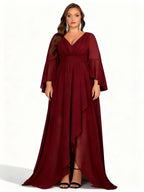 Sovae | Burgunderfarbenes Kleid mit Asymmetrischem Saum und Langen Ärmeln