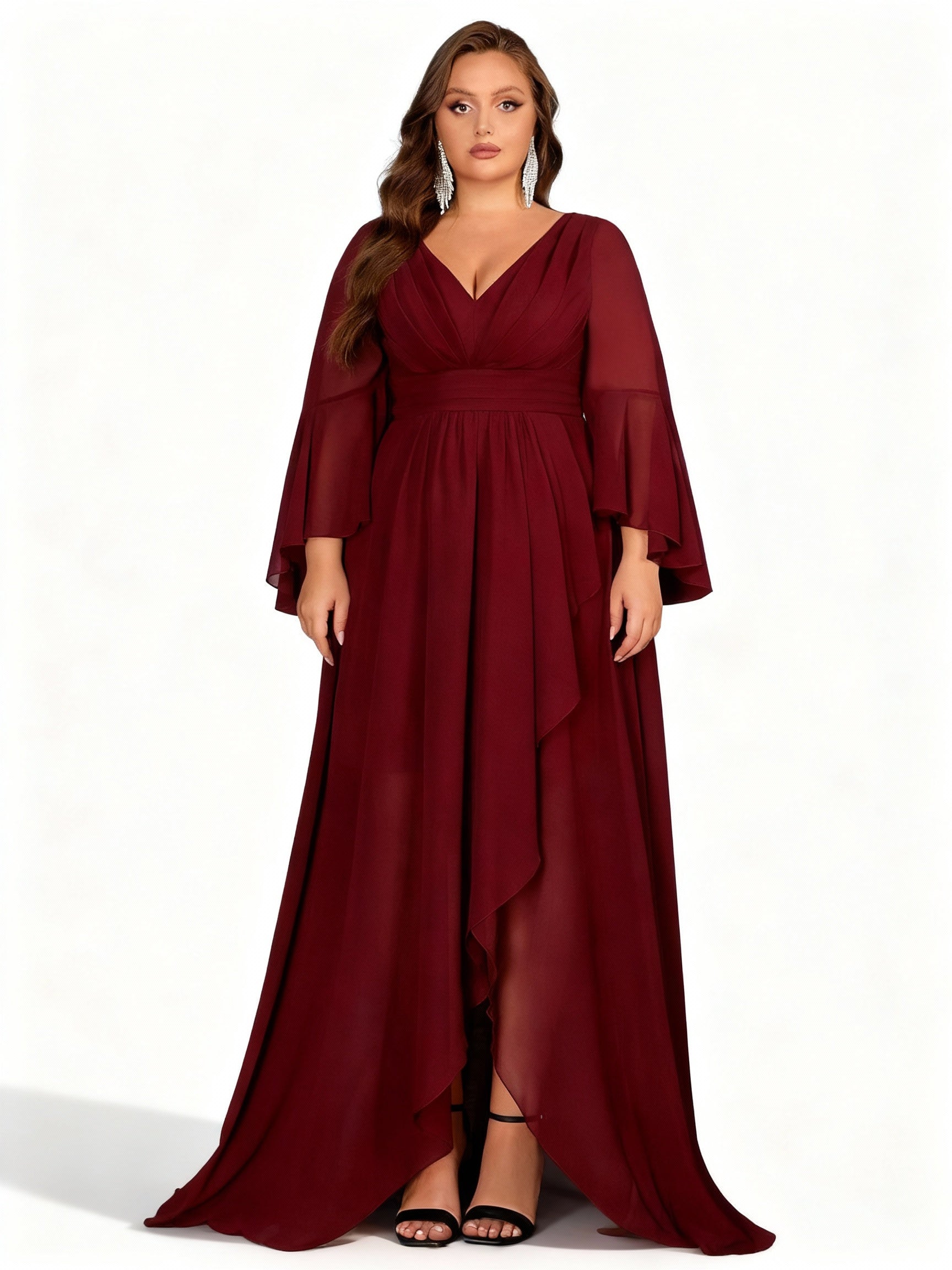 Sovae | Burgunderfarbenes Kleid mit Asymmetrischem Saum und Langen Ärmeln