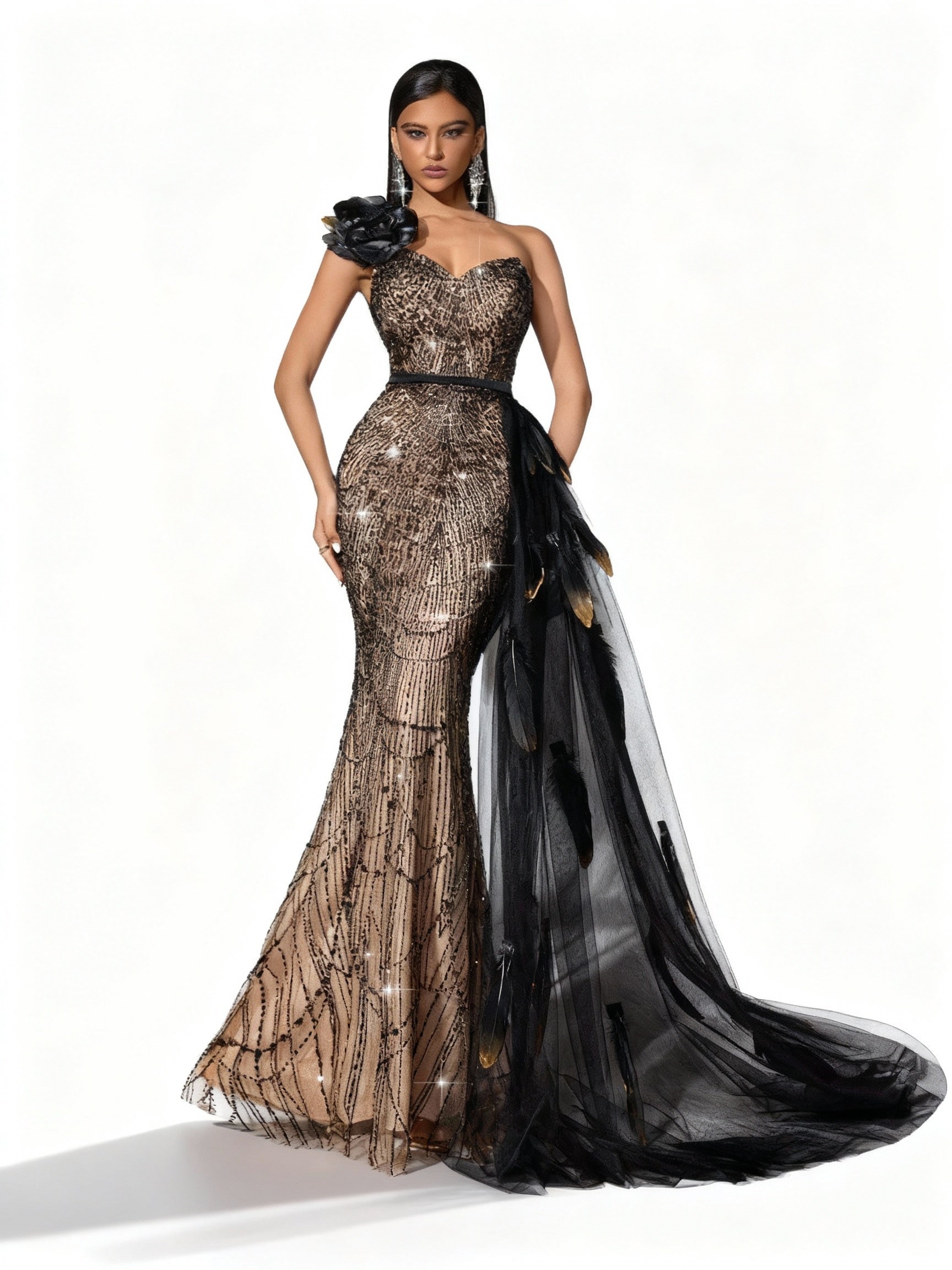 Sovae | Göttliches Schwarzes Paillettenkleid mit Applikationen und Asymmetrischem Ausschnitt