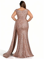 Sovae | Champagnerfarbenes Kleid in Übergröße mit Überkreuztem V-Ausschnitt