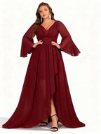 Sovae | Burgunderfarbenes Kleid mit Asymmetrischem Saum und Langen Ärmeln