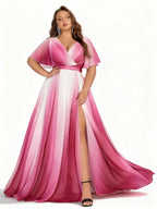 Sovae | Elegantes Chiffonkleid in Übergröße mit Farbverlauf, V-Ausschnitt und Schlitz