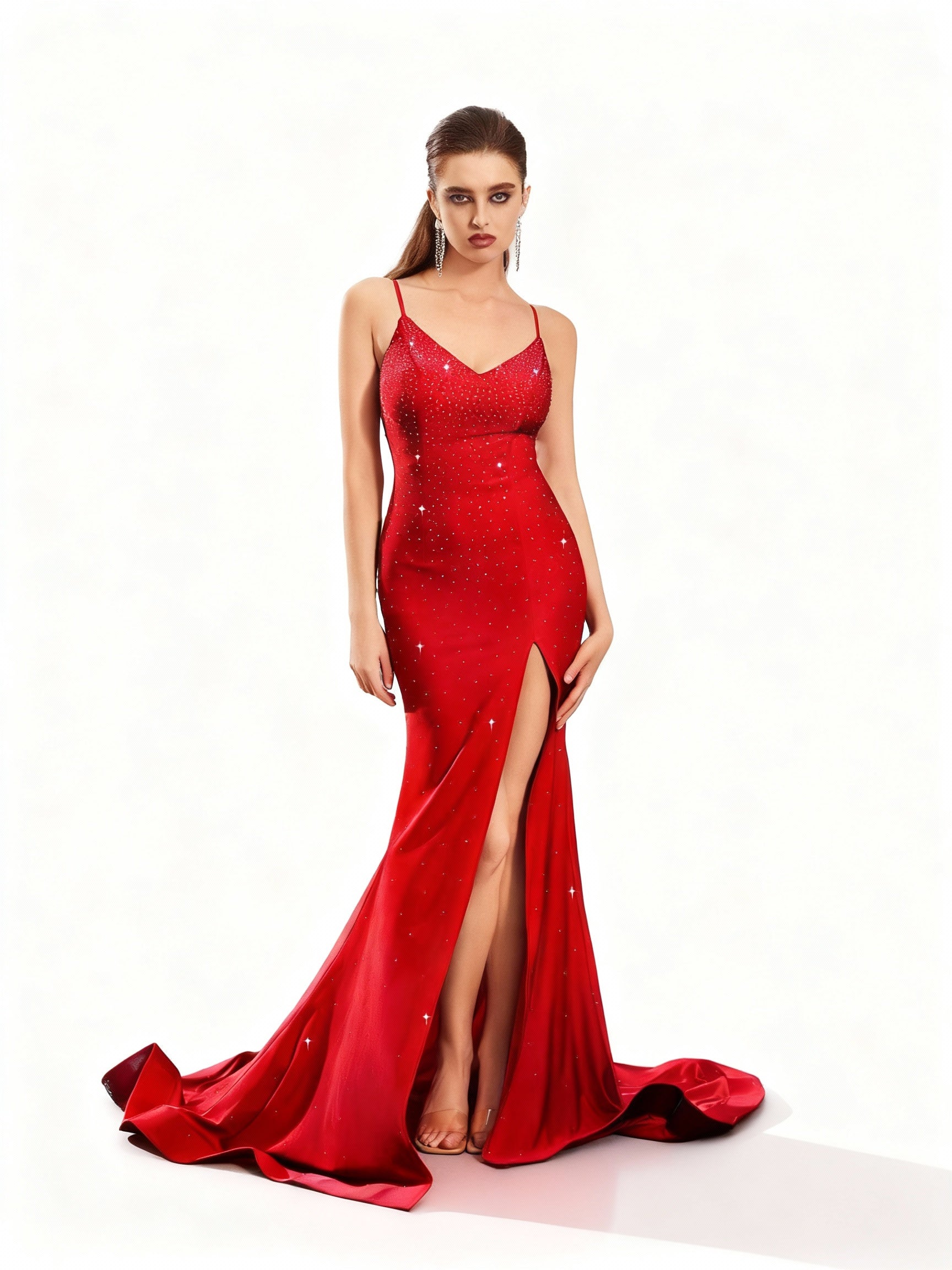 Sovae | Glamouröses Strasskleid mit Spaghettiträgern und Schlitz