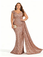 Sovae | Champagnerfarbenes Kleid in Übergröße mit Überkreuztem V-Ausschnitt